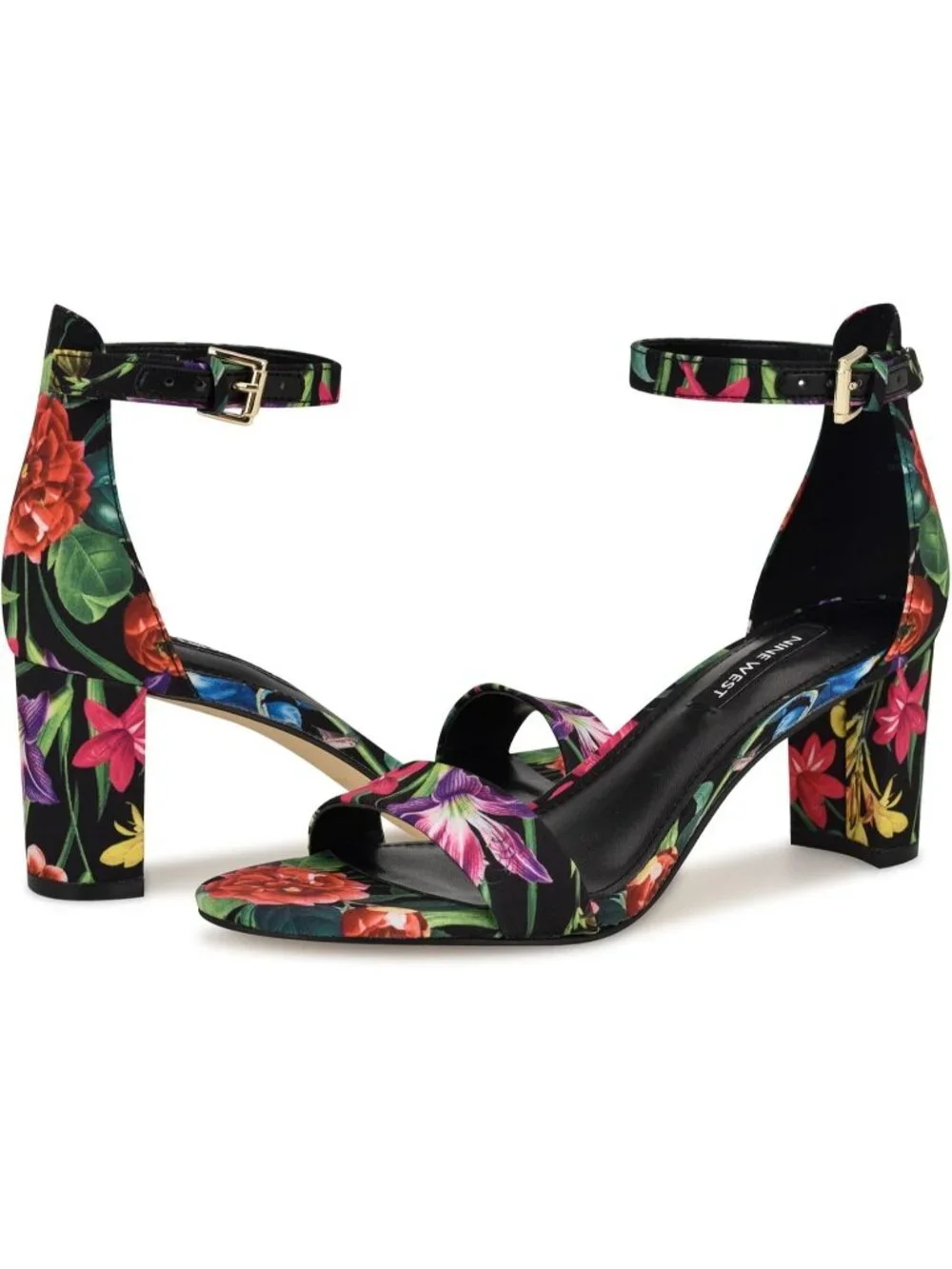Women Black Lush Floral Round Toe Ankle Strap Wnpruce Block Heeled Sandal Shoes